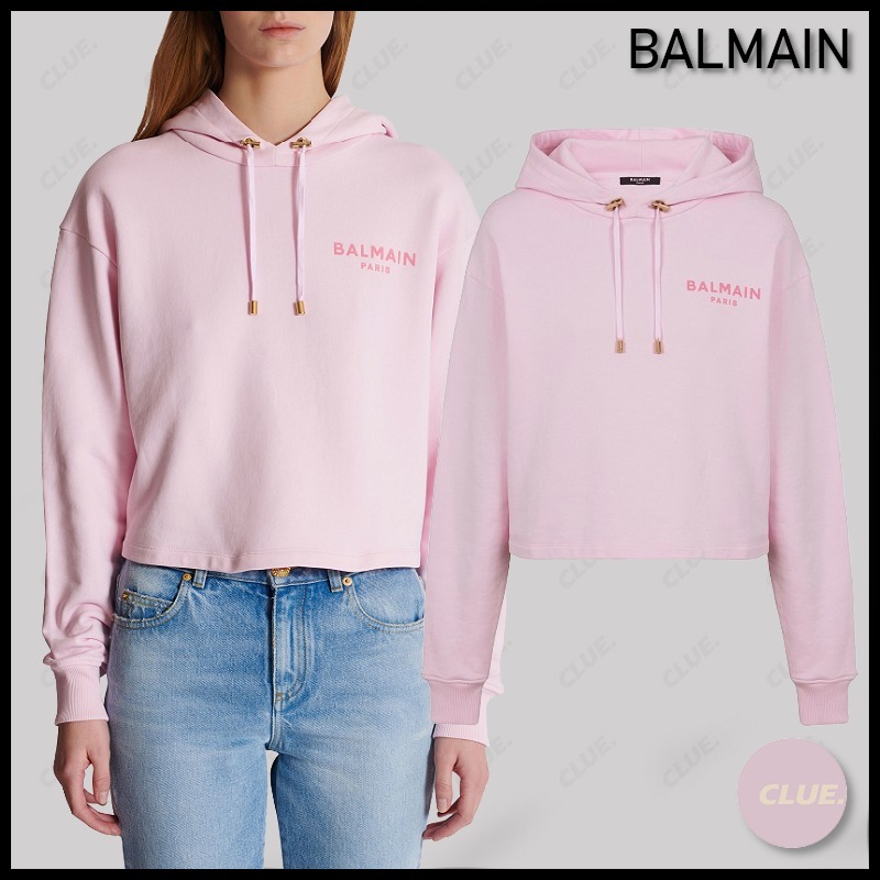 BALMAIN  |Long Sleeves Cotton Logo Cropped Tops Hoodies & Sweatshirts