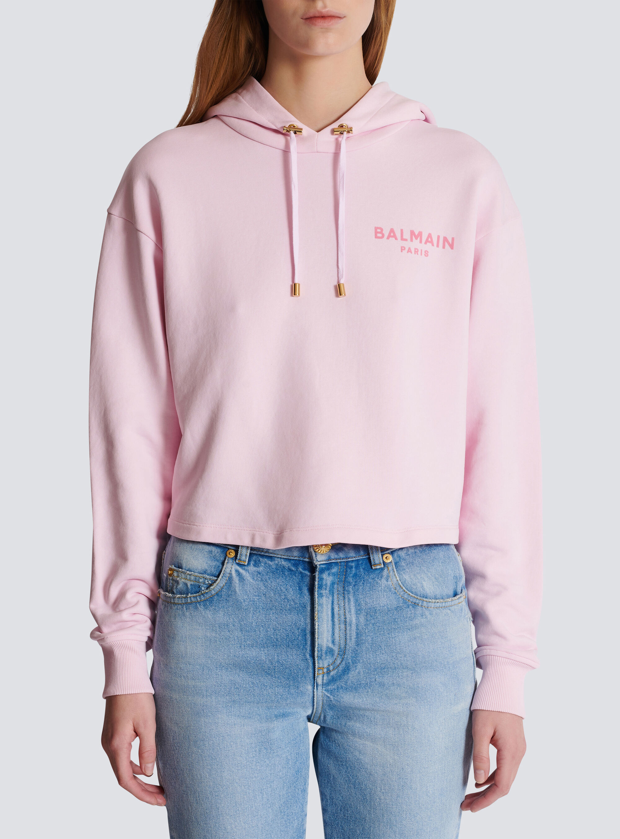 BALMAIN  |Long Sleeves Cotton Logo Cropped Tops Hoodies & Sweatshirts