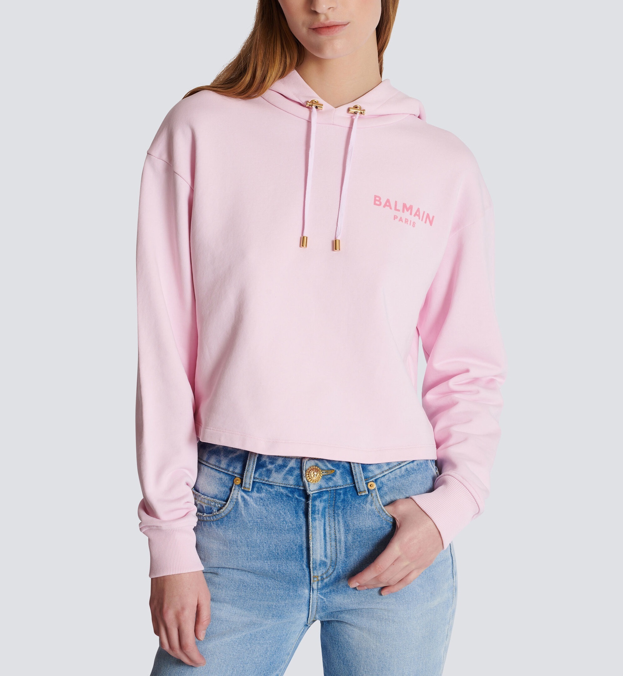 BALMAIN  |Long Sleeves Cotton Logo Cropped Tops Hoodies & Sweatshirts