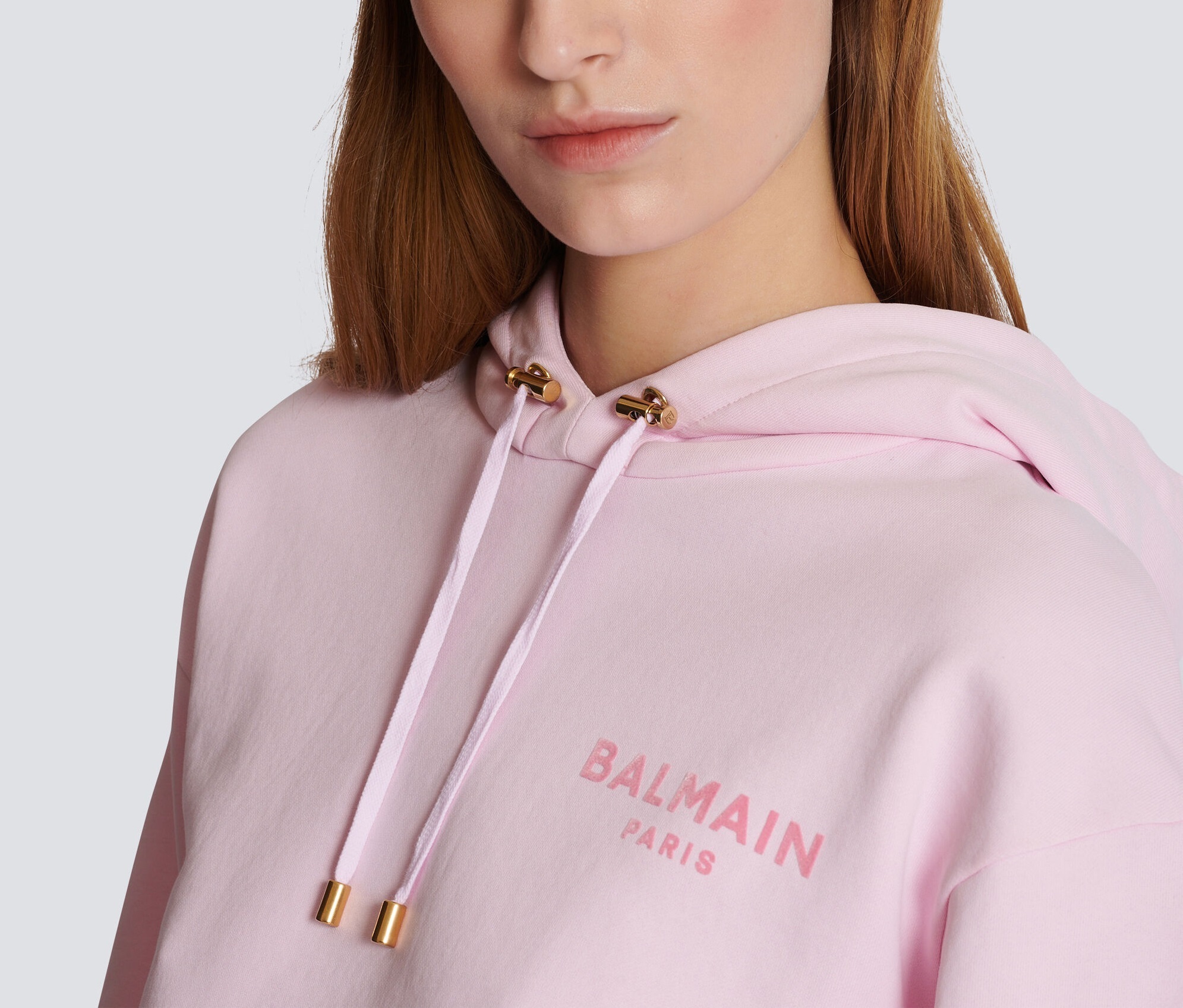 BALMAIN  |Long Sleeves Cotton Logo Cropped Tops Hoodies & Sweatshirts