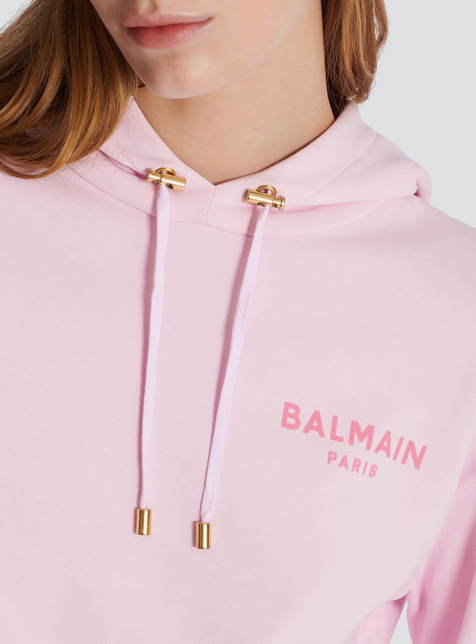 BALMAIN  |Long Sleeves Cotton Logo Cropped Tops Hoodies & Sweatshirts