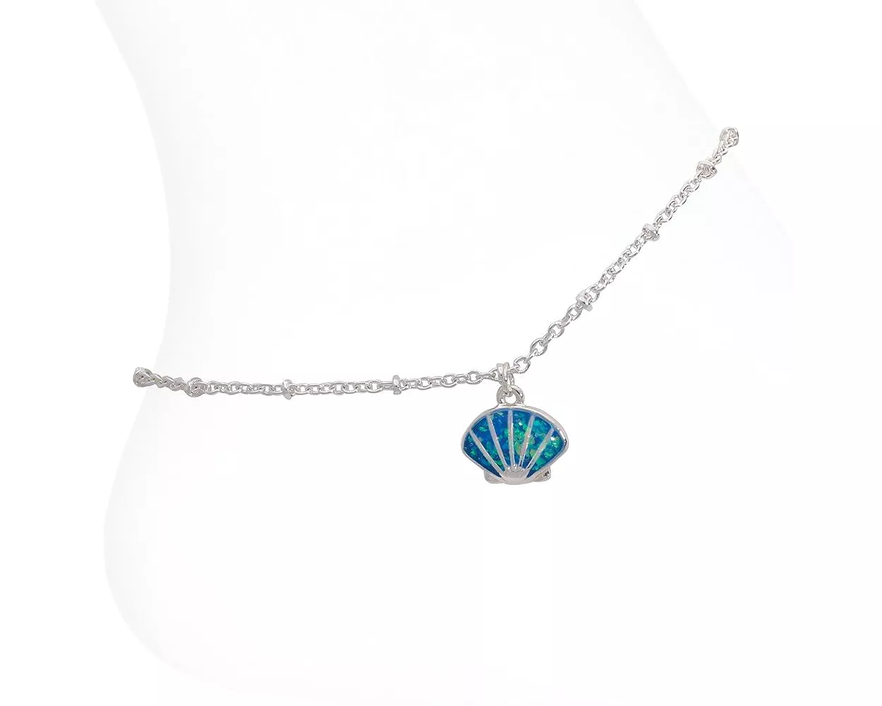 Blue Glittering Silver Scallop Anklet