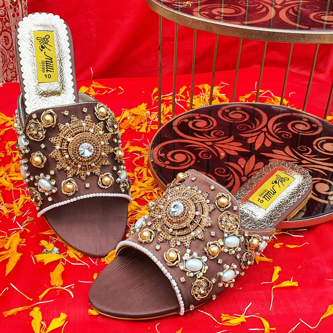 Brown  Fancy Pearl Work  Ladies Slippers