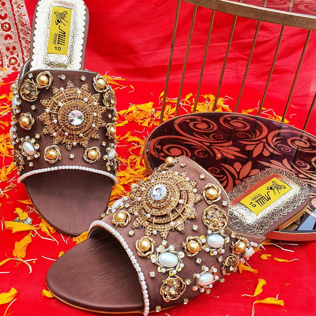 Brown  Fancy Pearl Work  Ladies Slippers