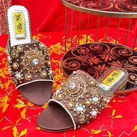 Brown  Fancy Pearl Work  Ladies Slippers