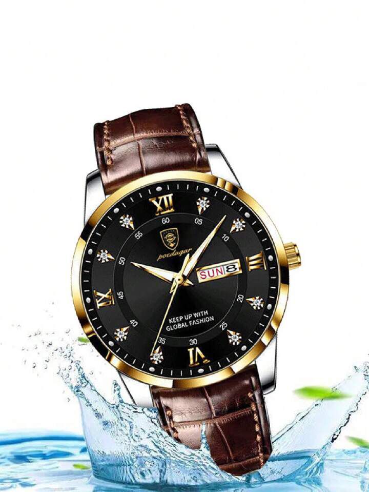 Brown PU Strap Fashionable Round Dial Quartz Watch S4740179