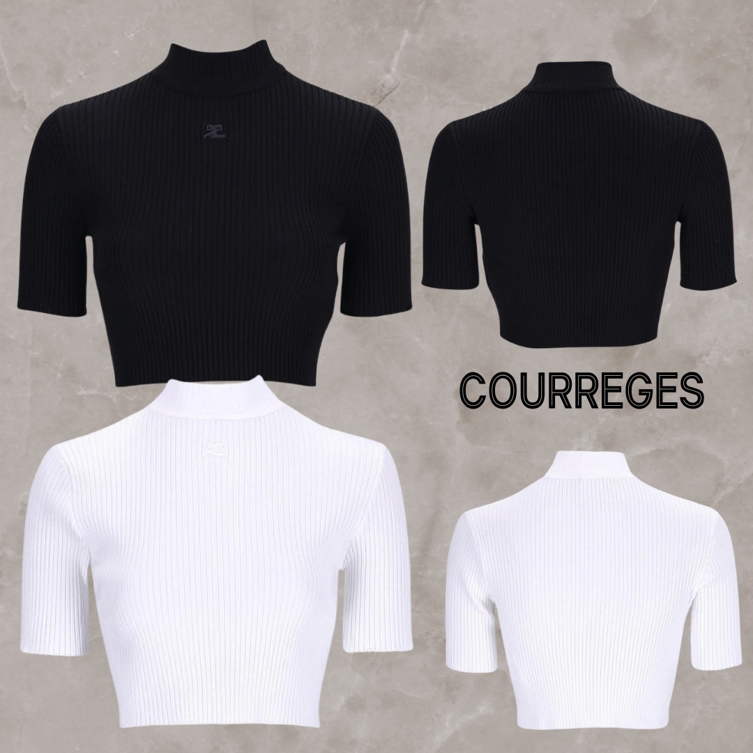 Courreges  |Plain Logo Cropped Tops V-neck & Crew neck