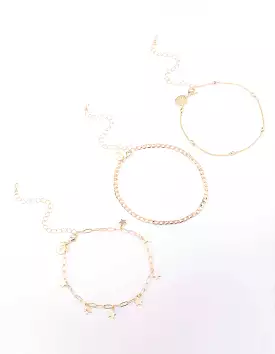 Gold Mixed Star Chain Anklet 3-Pack