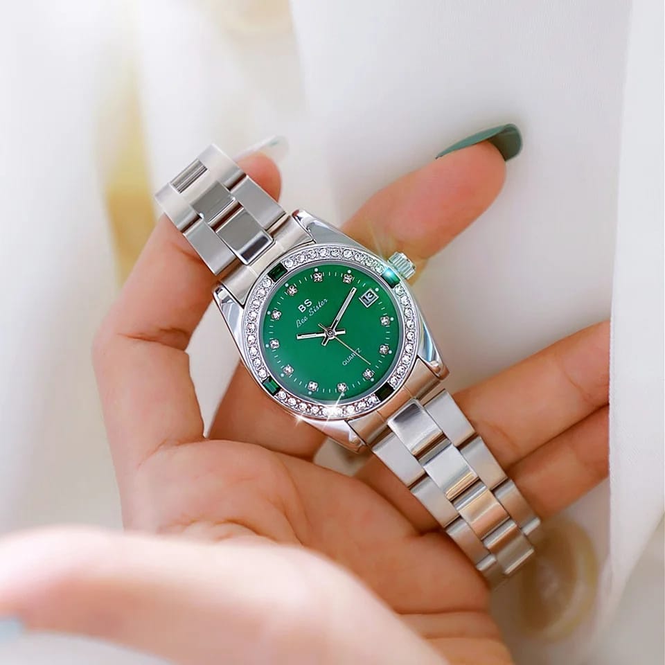 Luxury Green Rhinestone Waterproof Steel Strap Calendar Quartz Watches S149032