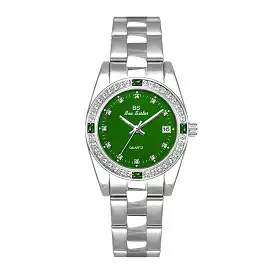 Luxury Green Rhinestone Waterproof Steel Strap Calendar Quartz Watches S149032