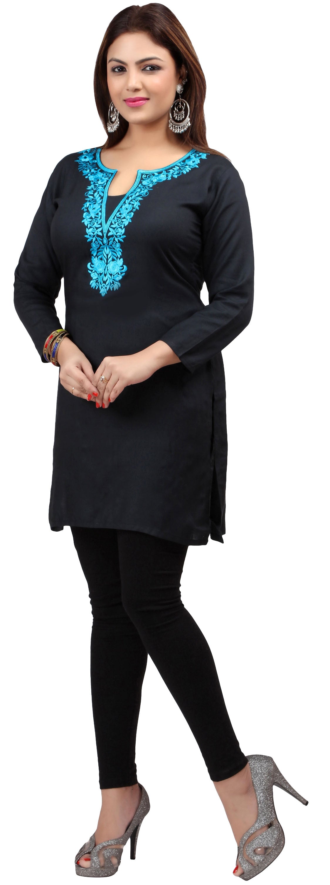 Maple Clothing Kurti Women's Blouse Embroidered Indian Clothing (Black/Blue)