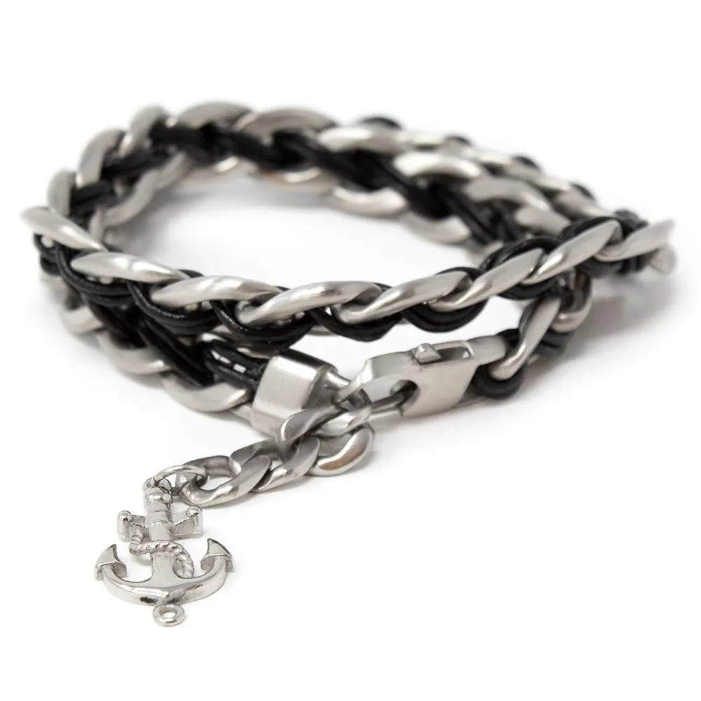 Men's Stainless Steel Anchor Chain with Leather Wrap Bracelet Black