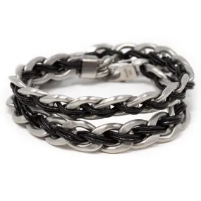 Men's Stainless Steel Anchor Chain with Leather Wrap Bracelet Black