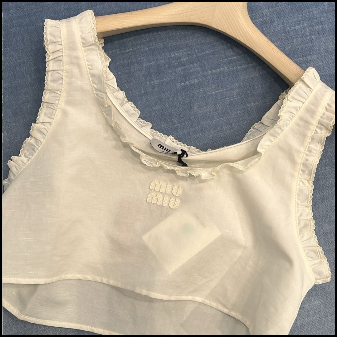 MiuMiu  |Linen Plain Logo Cropped Tops Tanks & Camisoles