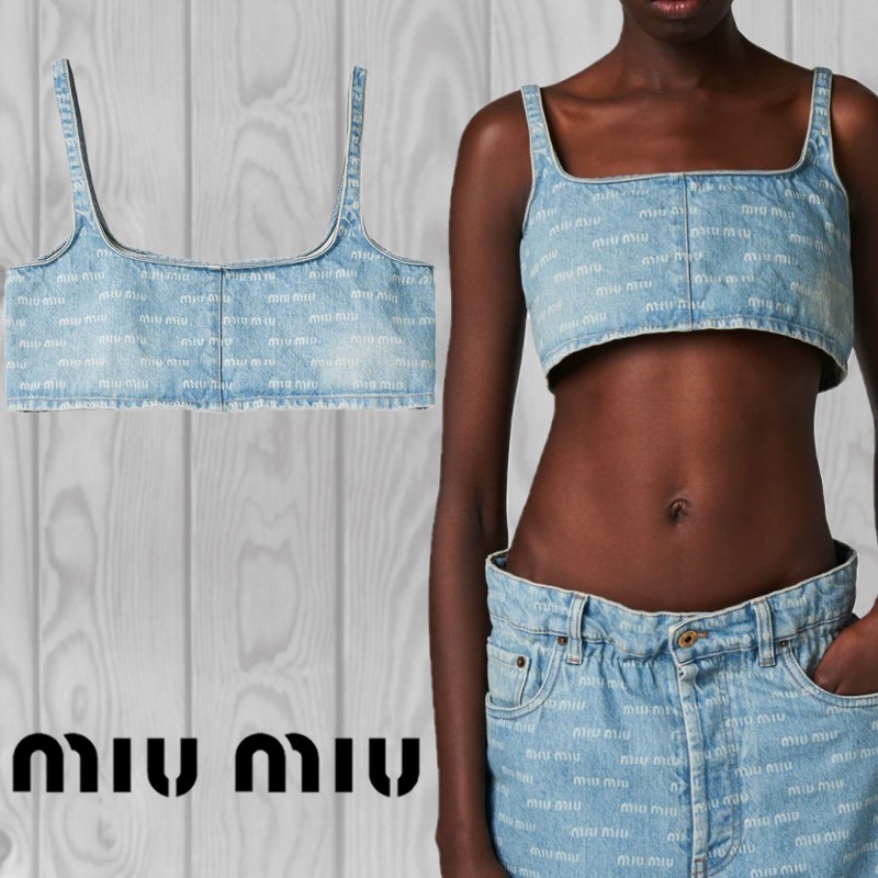 MiuMiu  |Sleeveless Cotton Logo Cropped Tops Tanks & Camisoles