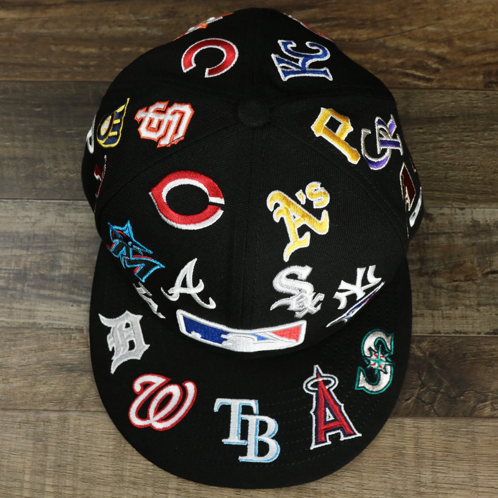 MLB Logo All Over patch fitted 59Fifty Cap with Gray Bottom | Black