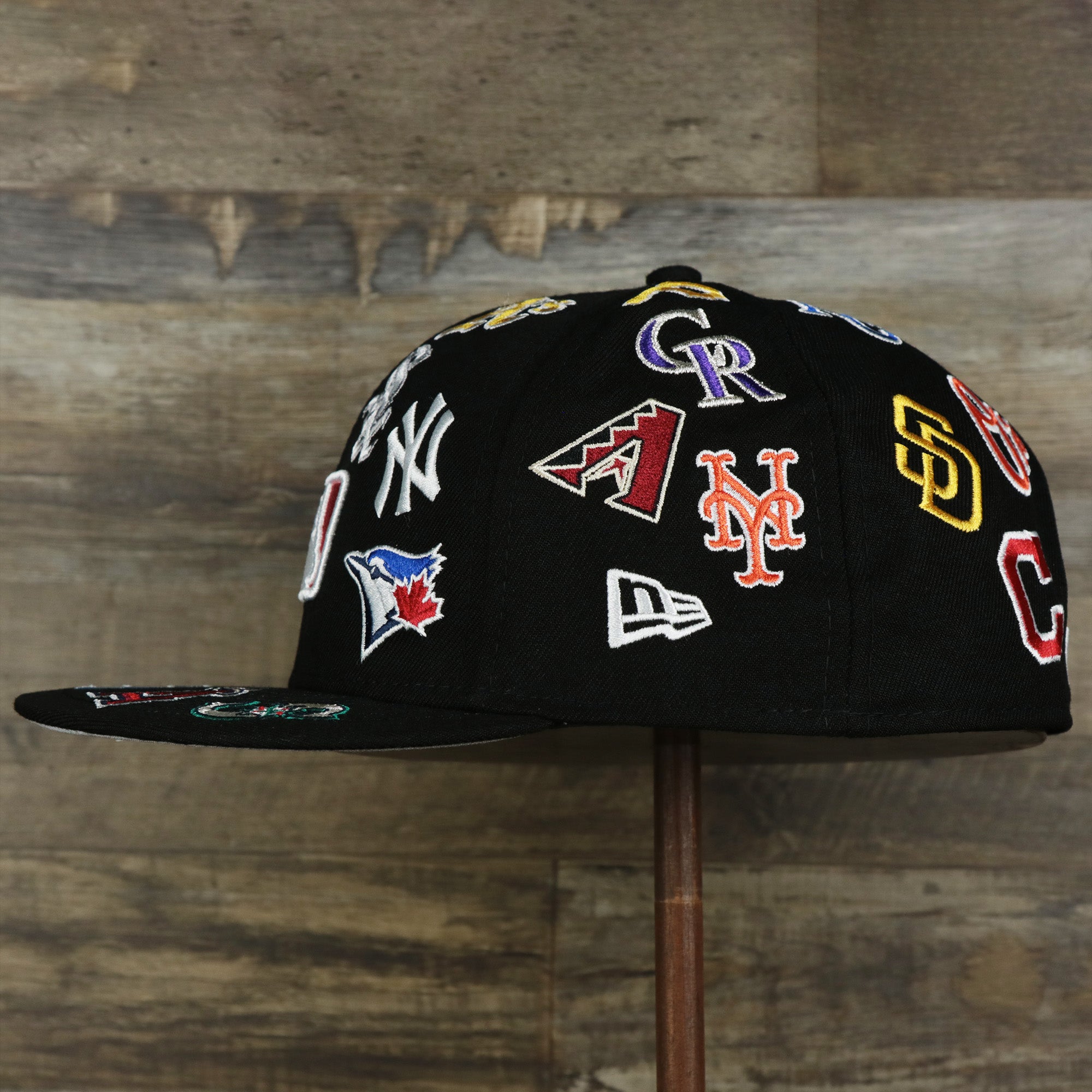 MLB Logo All Over patch fitted 59Fifty Cap with Gray Bottom | Black