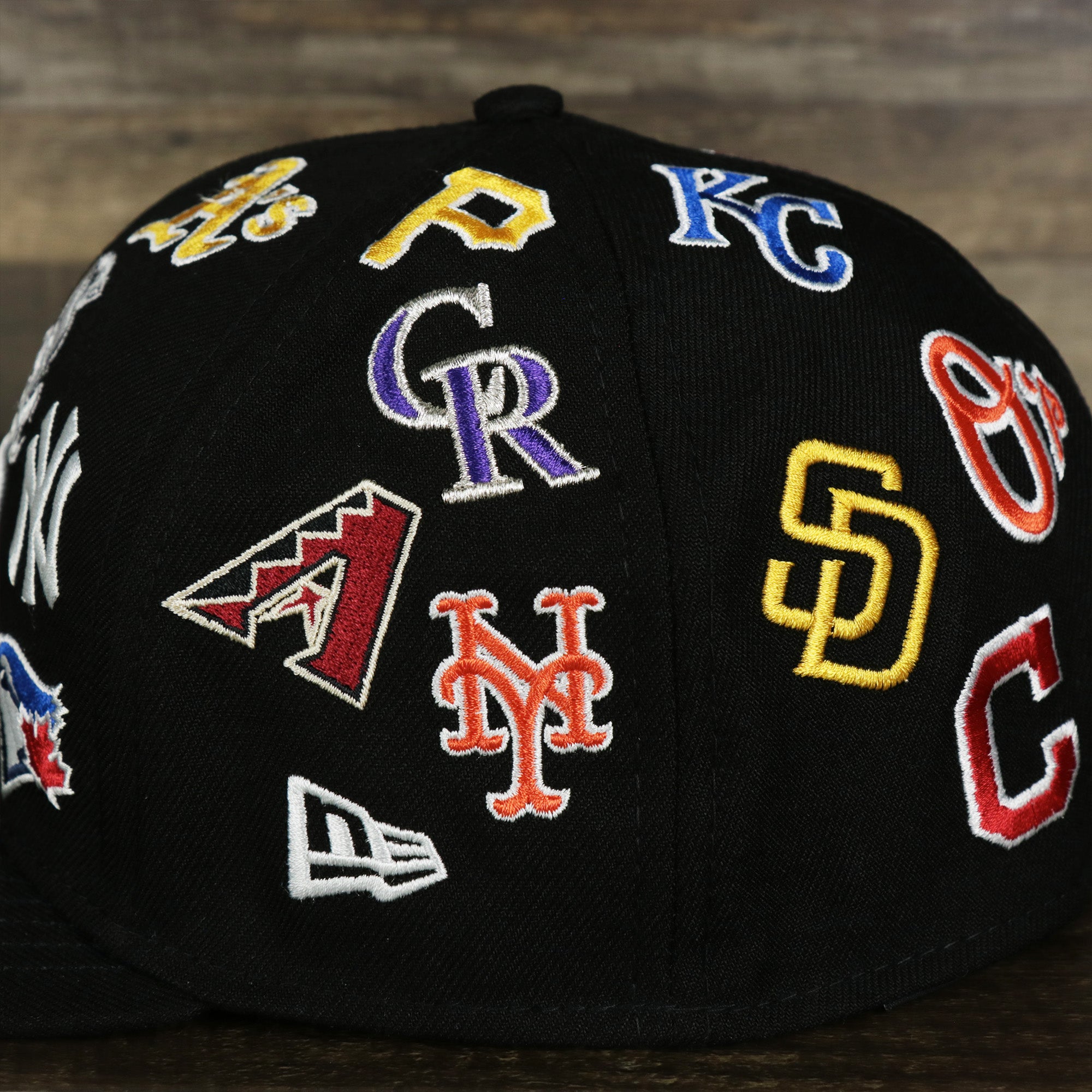 MLB Logo All Over patch fitted 59Fifty Cap with Gray Bottom | Black