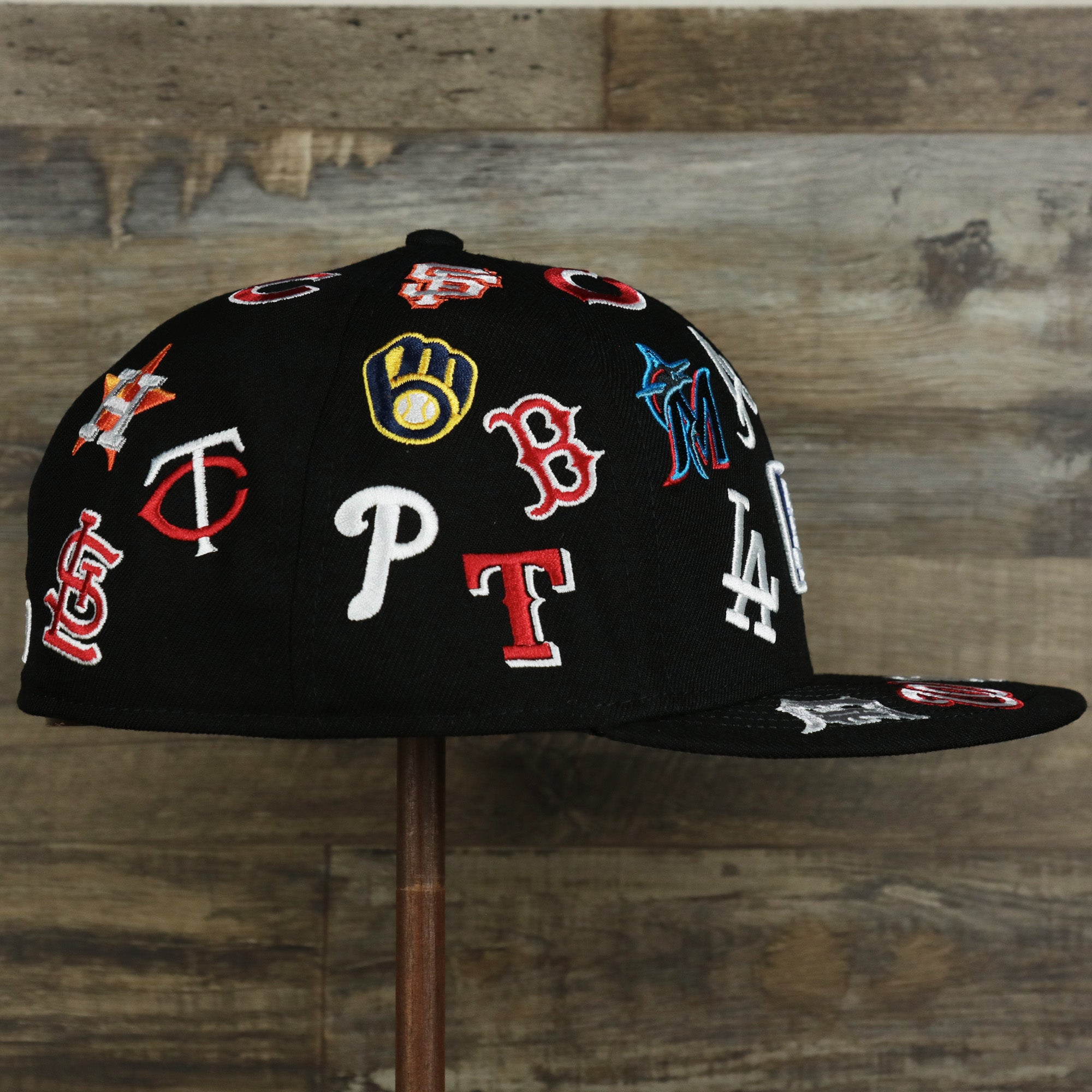 MLB Logo All Over patch fitted 59Fifty Cap with Gray Bottom | Black