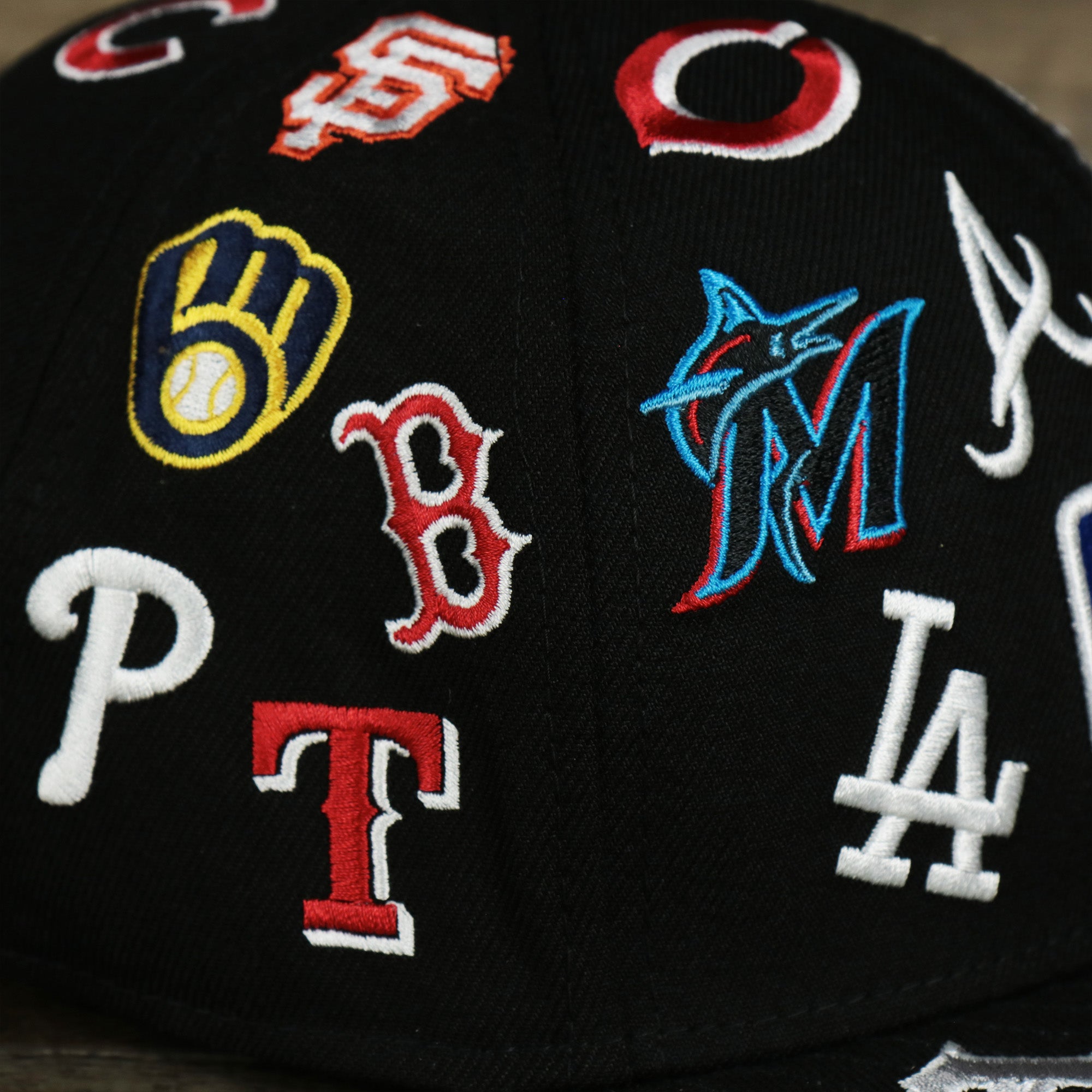 MLB Logo All Over patch fitted 59Fifty Cap with Gray Bottom | Black