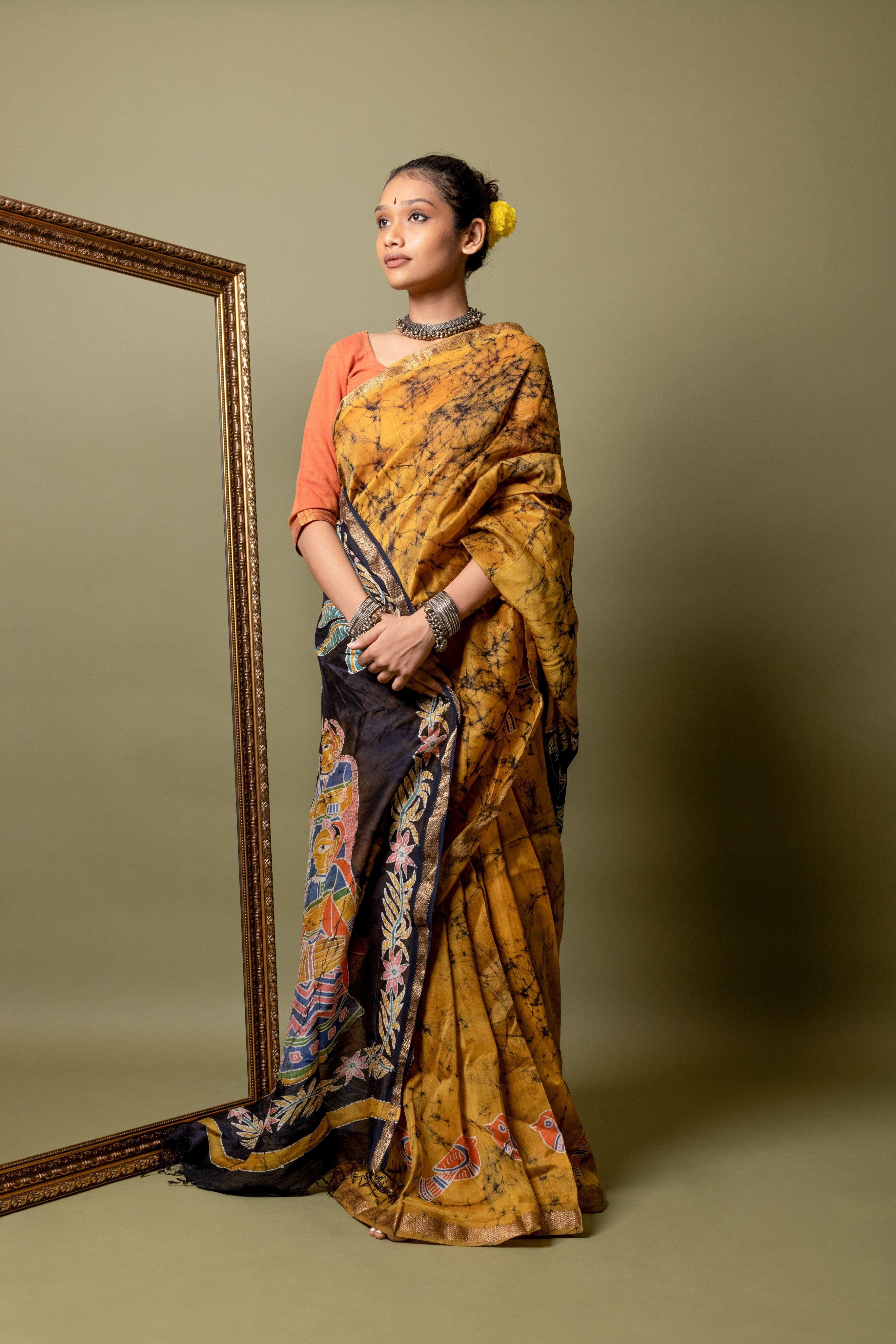 Narmada - Shagun Batik Mustard Phad Maheswari saree