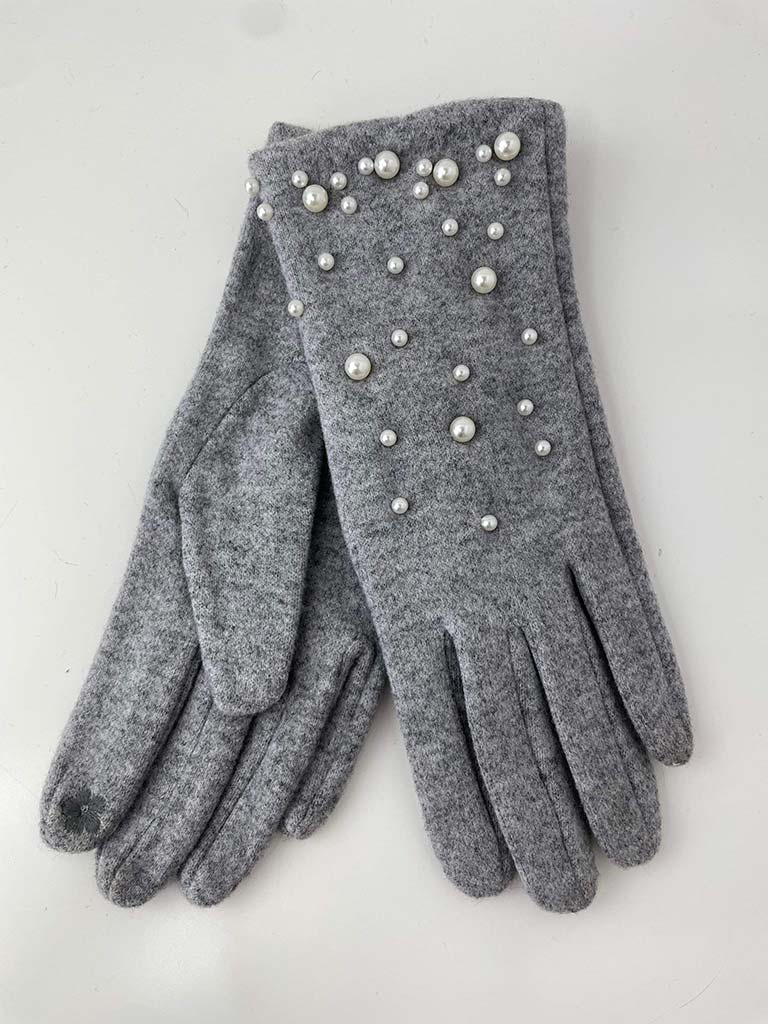 Pearl Embellished Gloves - Grey