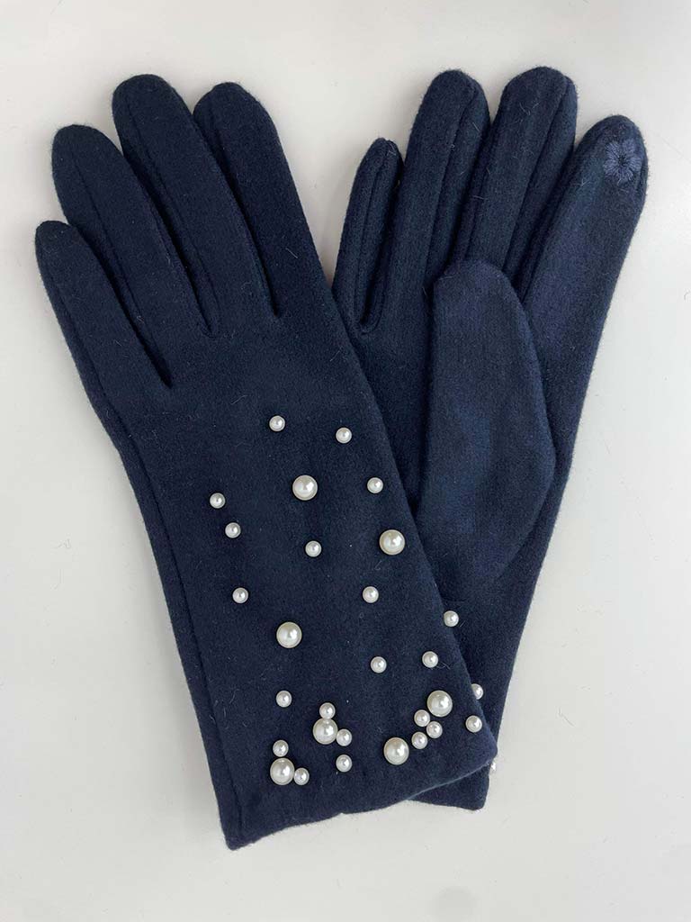 Pearl Embellished Gloves - Navy