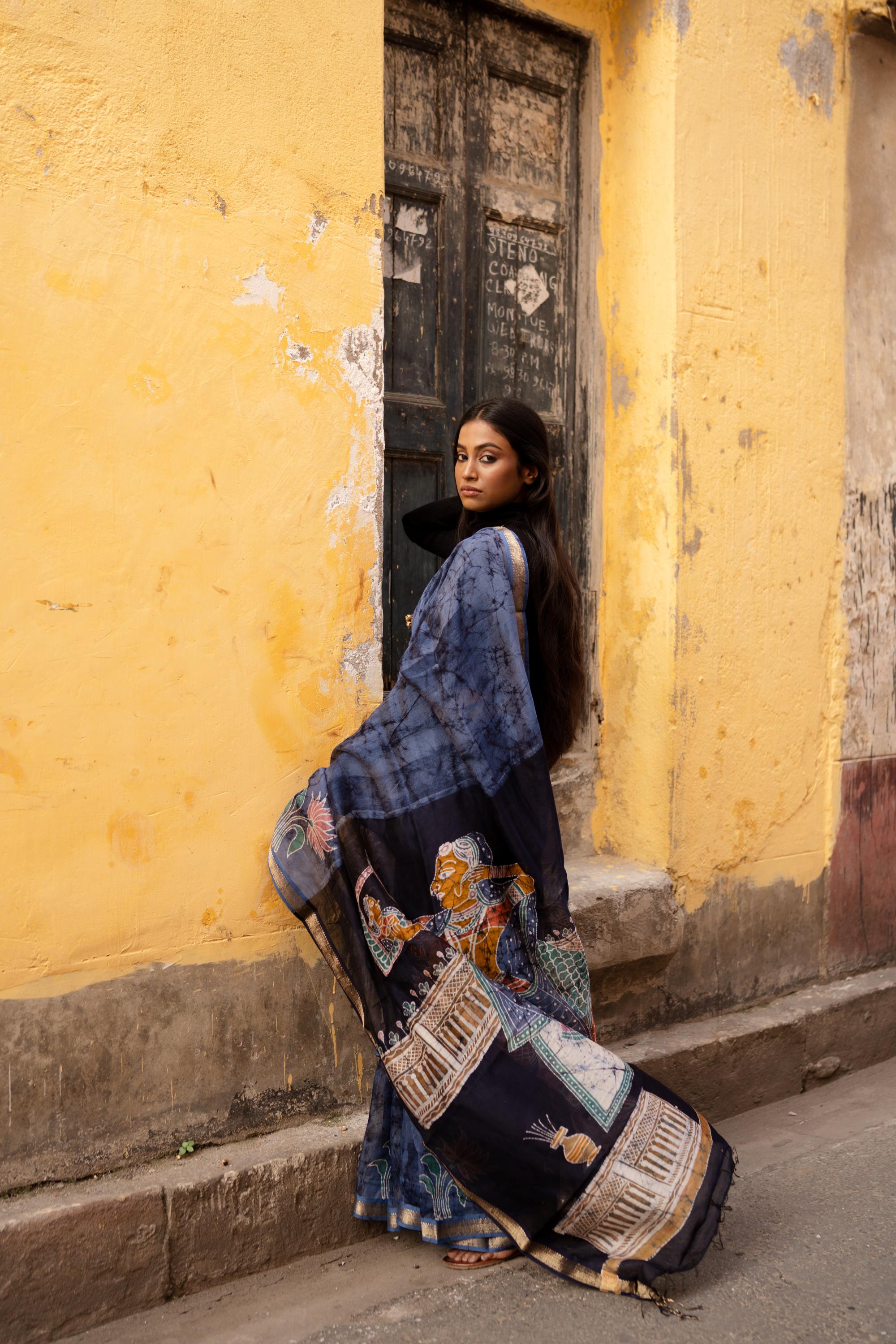 Ragni -  Narmada Batik Gond Blue Maheswari saree