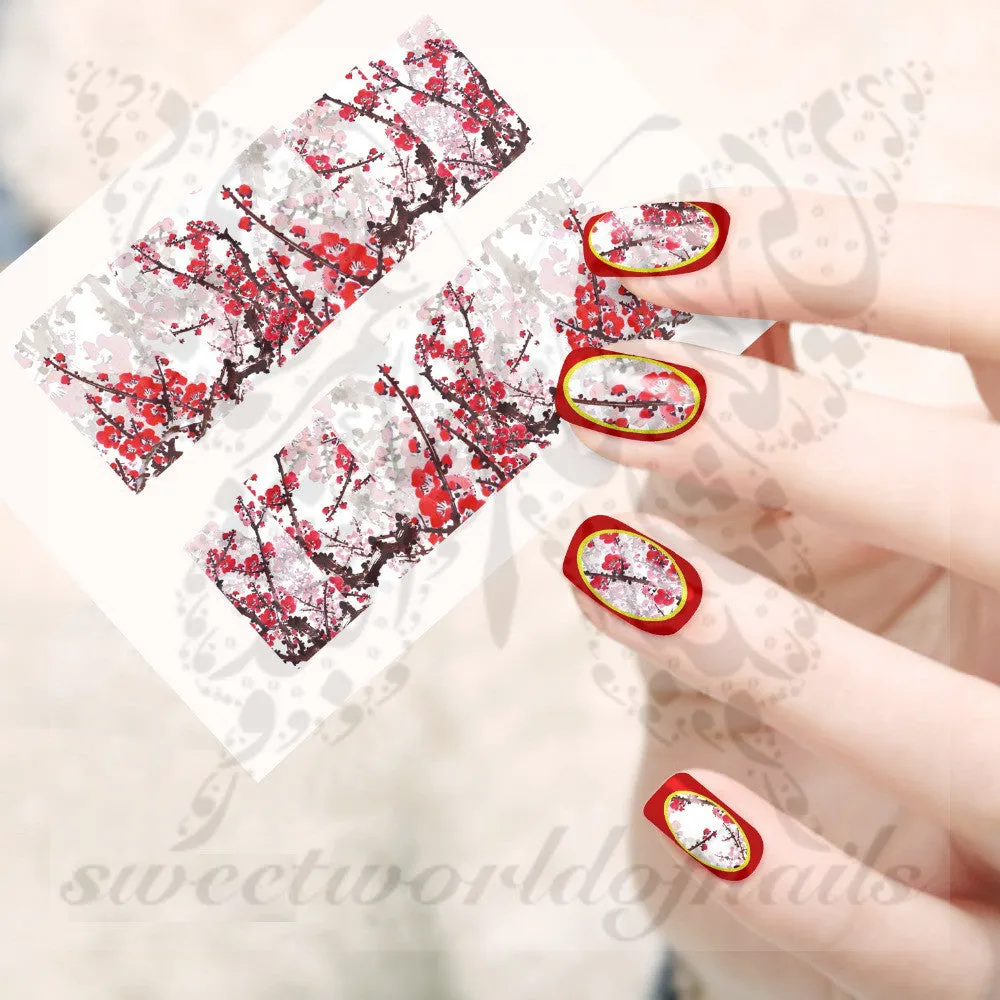 Red Cherry Blossoms Nail Water Decals Transfers Wraps