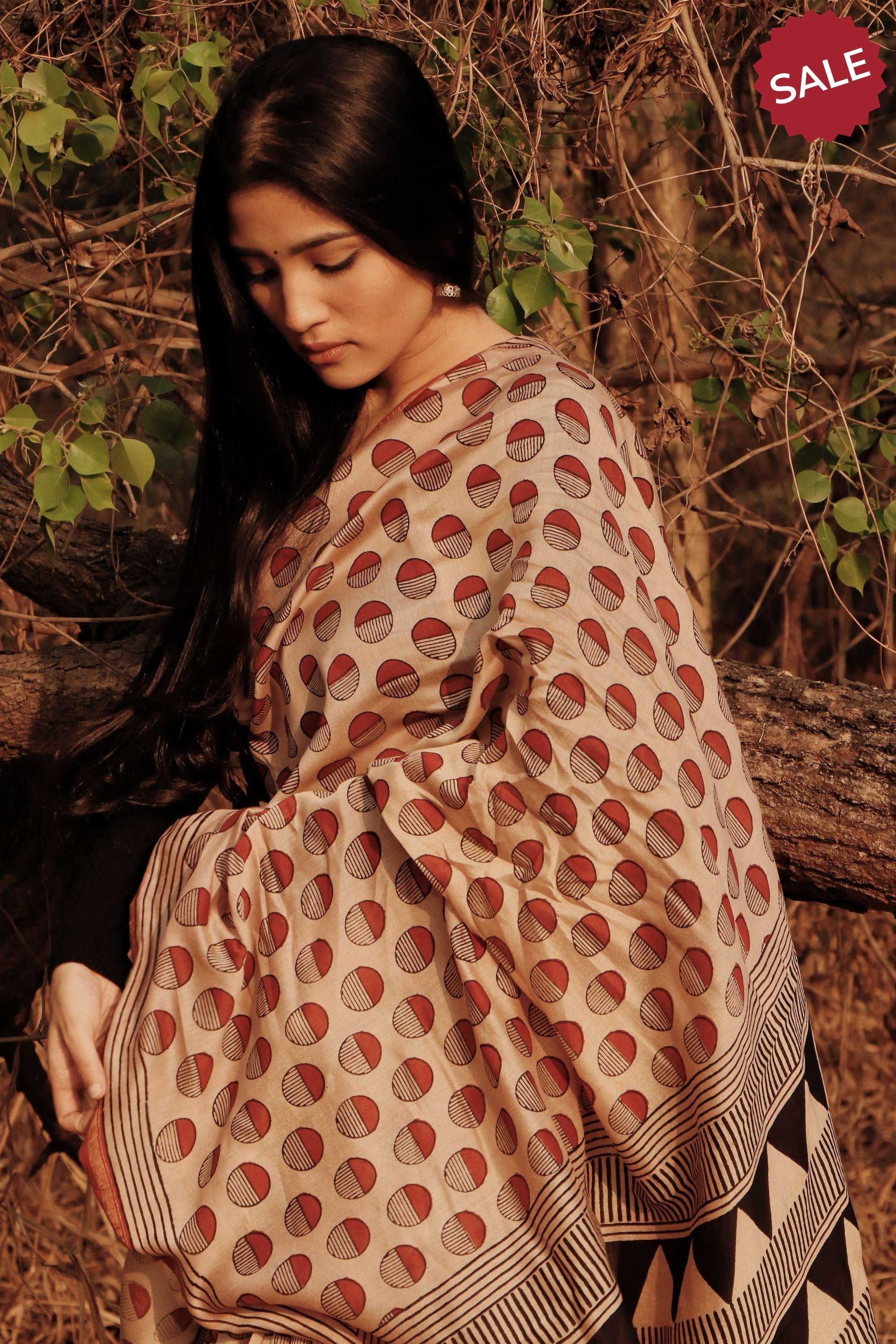 Roheda - Red Syahi Begar  handblockprinted silk cotton saree