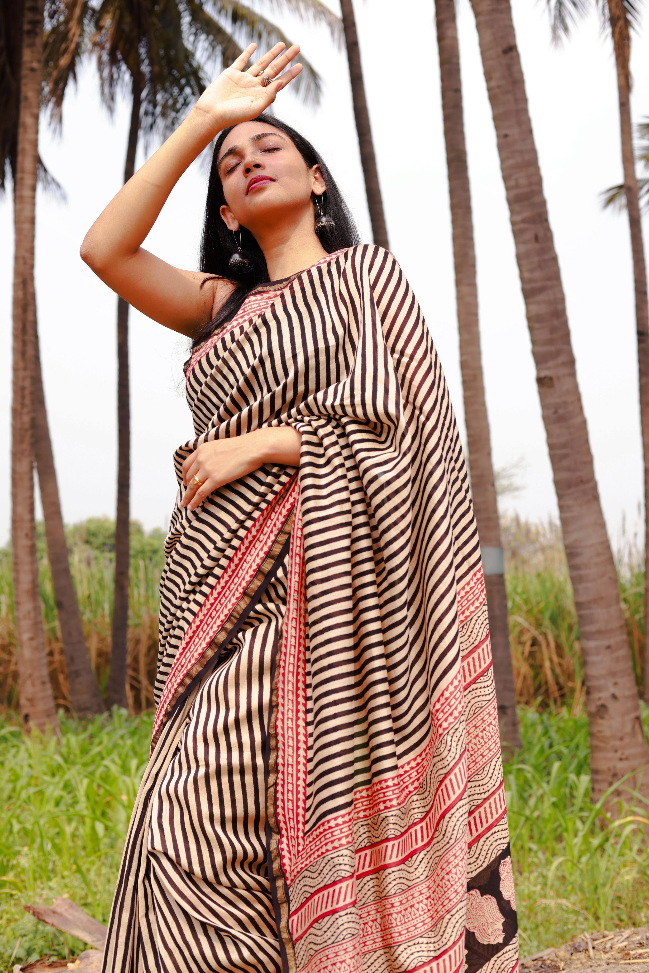 Roheda stripes black Syahi Begar Chanderi Saree