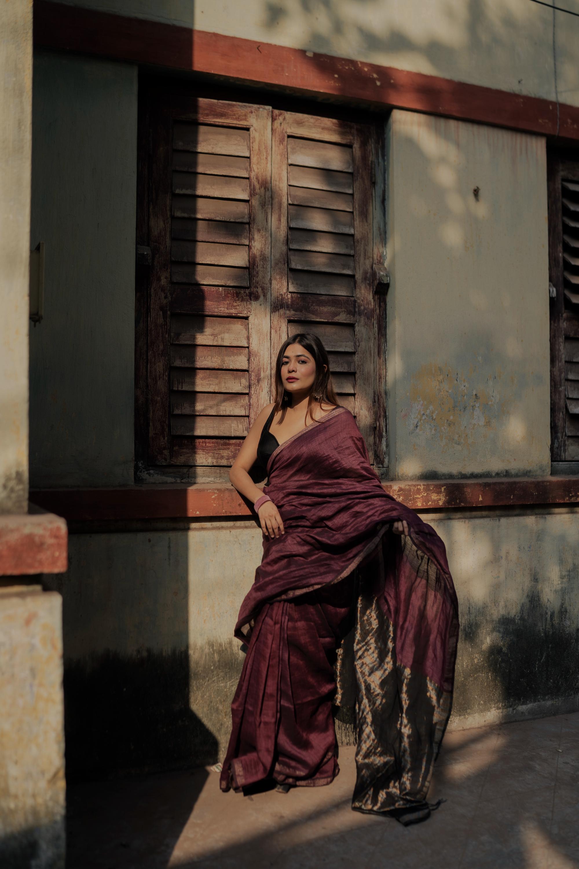 Sitara - Magenta Linen by cotton zari  saree