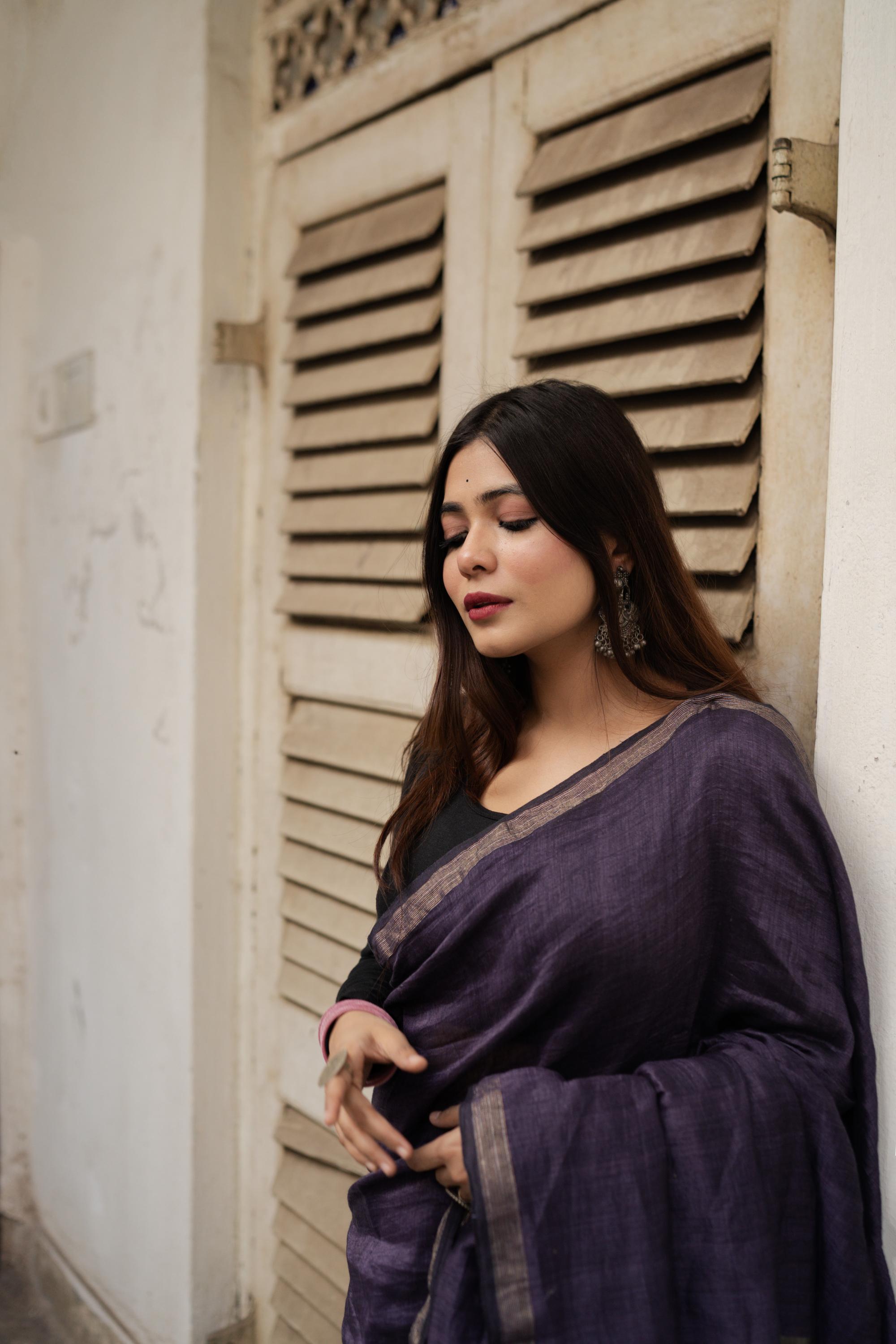 Sitara - Purple  Linen by cotton zari  saree