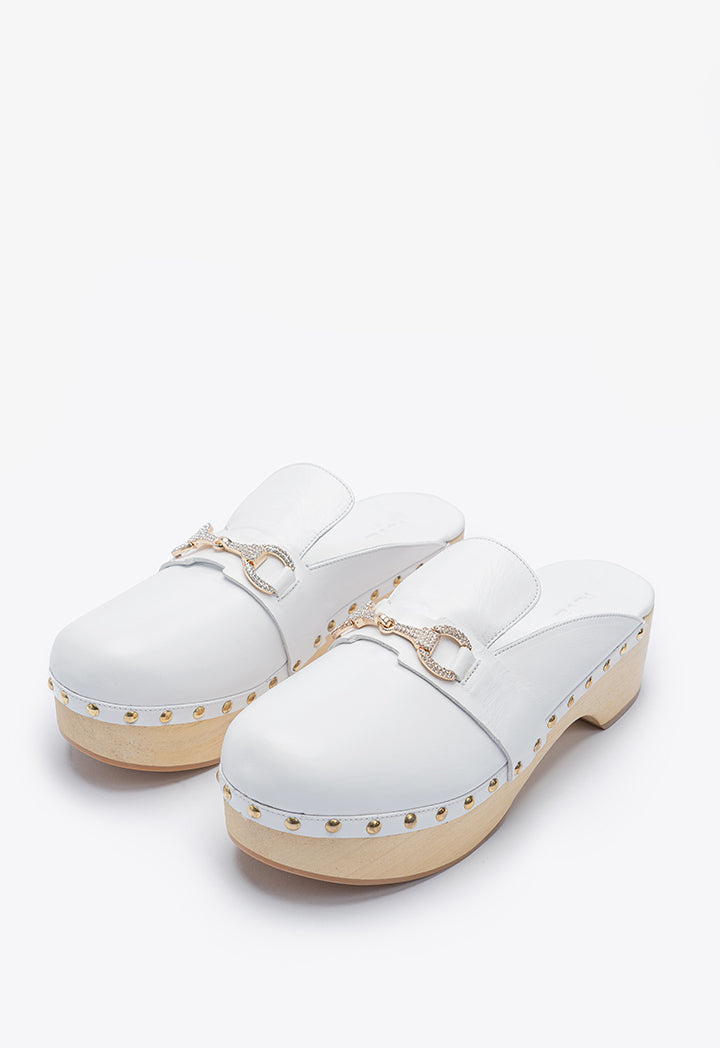 Studded Clogs With Low Wooden Heel