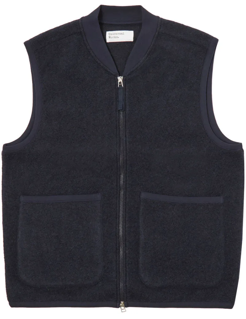 Universal Works Zip Waistcoat Navy Wool Fleece