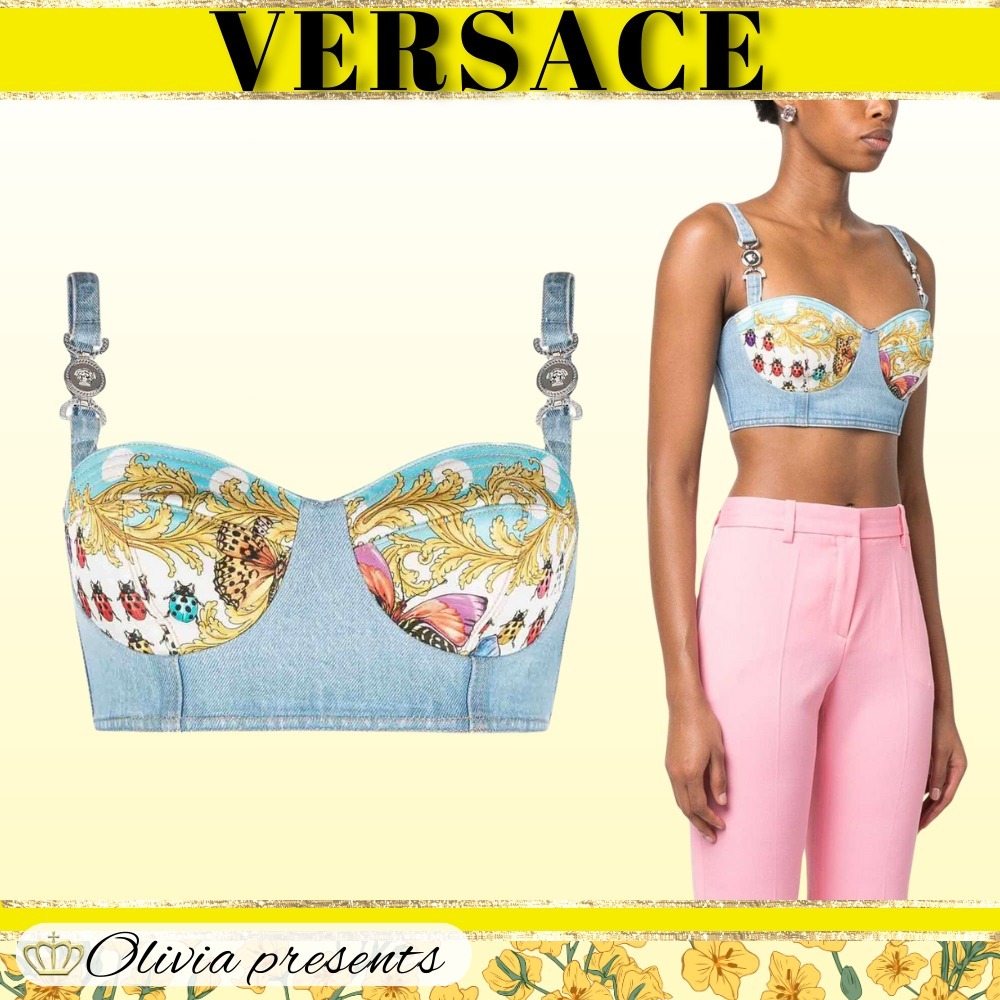 VERSACE  |Denim Cotton Logo Cropped Tops Tanks & Camisoles