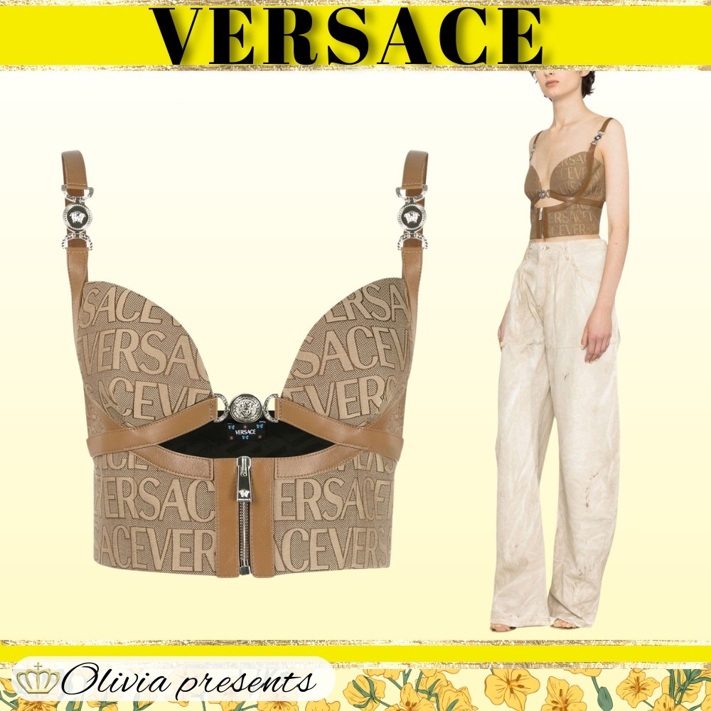 VERSACE  |Leather Cotton Logo Cropped Tops Tanks & Camisoles