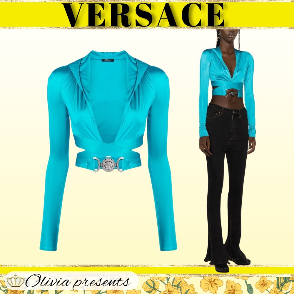 VERSACE  |V-Neck Plain Cropped Tops Tanks & Camisoles