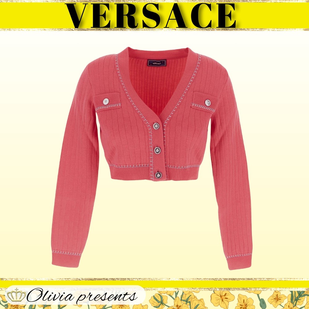 VERSACE  |Wool Long Sleeves Plain Cropped Tops Cardigans