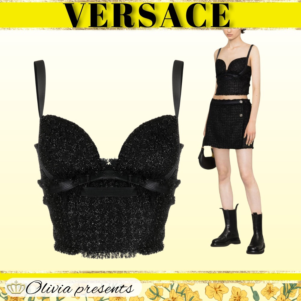 VERSACE  |Wool Tweed Plain Cropped Tops Tanks & Camisoles