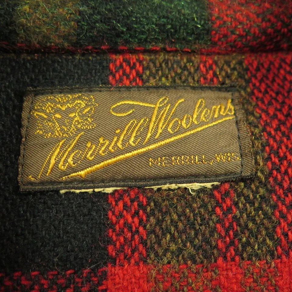 Vintage 50s Merrill Woolens Shirt Mens L Plaid Wool USA Made Flannel Outdoorsman