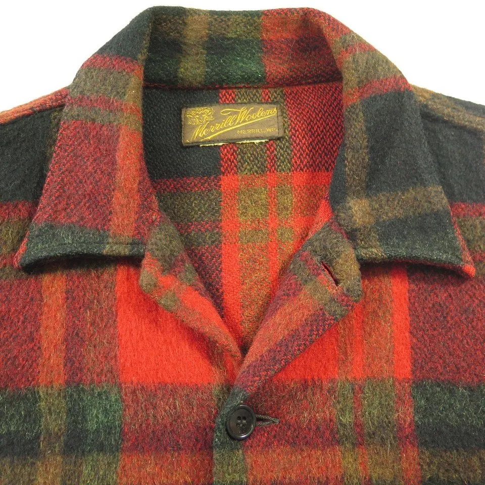 Vintage 50s Merrill Woolens Shirt Mens L Plaid Wool USA Made Flannel Outdoorsman