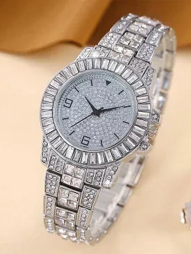 Women Silver Zinc Alloy Strap Glamorous Rhinestone Decor Round Dial Quartz Watch S4381052