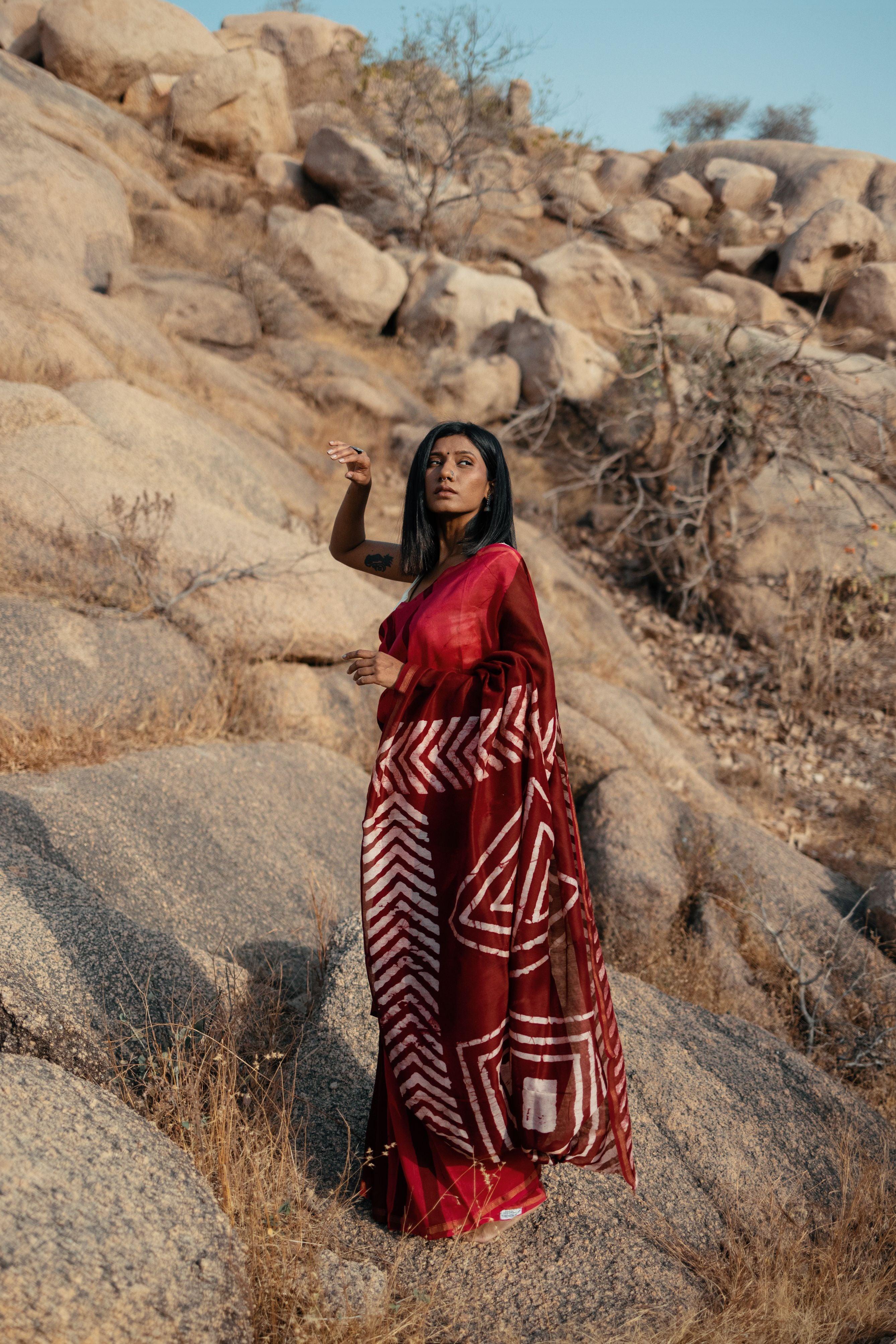 Zahra Bagru Batik dyed Red Silk cotton Saree