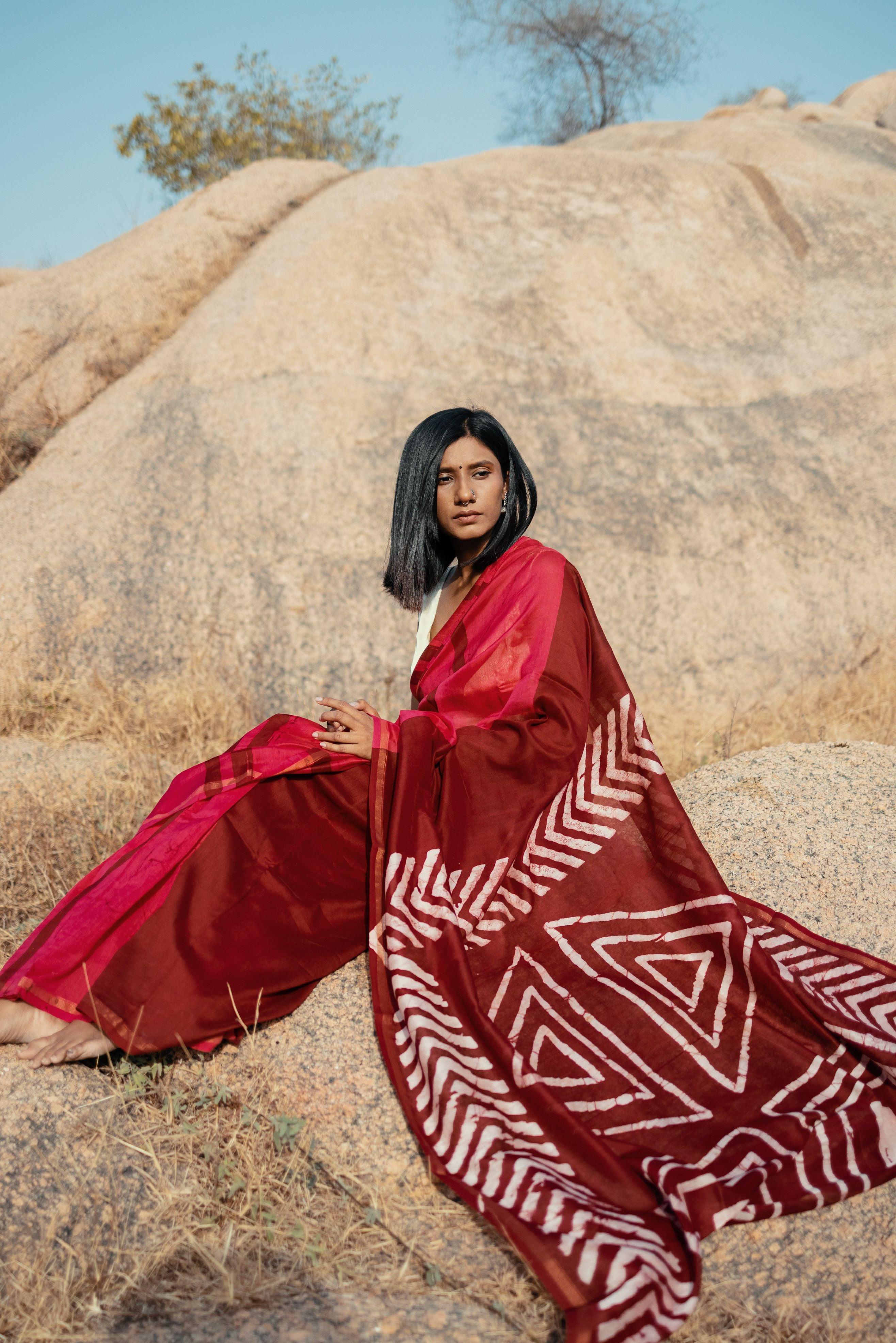 Zahra Bagru Batik dyed Red Silk cotton Saree