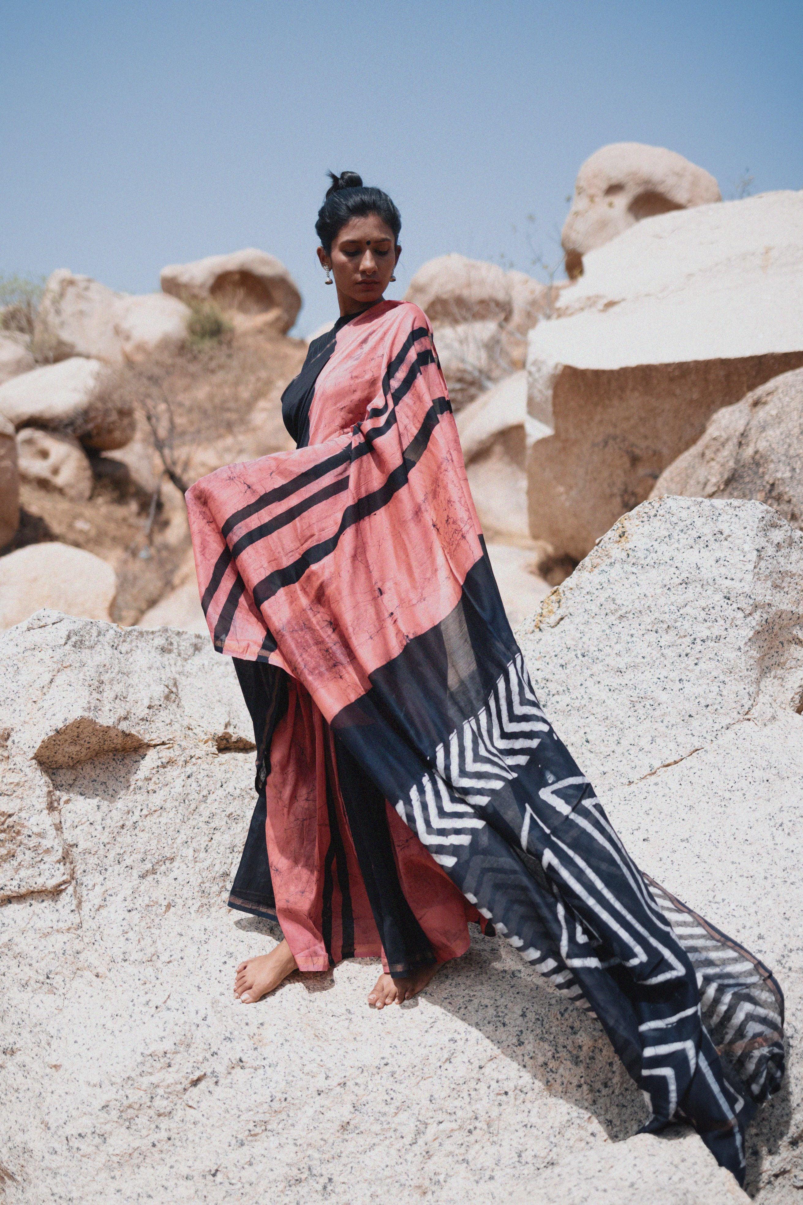 Zahra Batik dye pink navy blue Silk cotton Saree